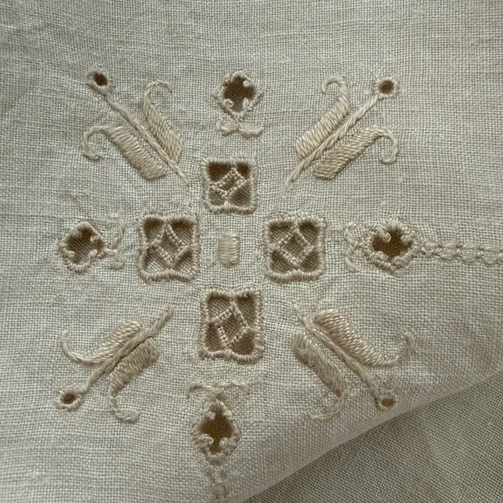 Vintage Hand Embroidered Linen Tablecloth Cream Off White Square 34x34 inch